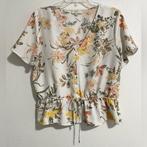 LOFT White & Peach Floral Tie Front Blouse sz Med